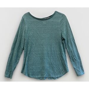 Sundance M Blue Teal Stripe Elbow Patch Linen Relaxed Long Sleeve Top Preppy EUC